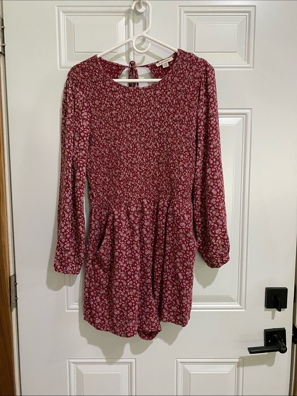 American Eagle Outfitters Wine Floral Long-Sleeve Romper